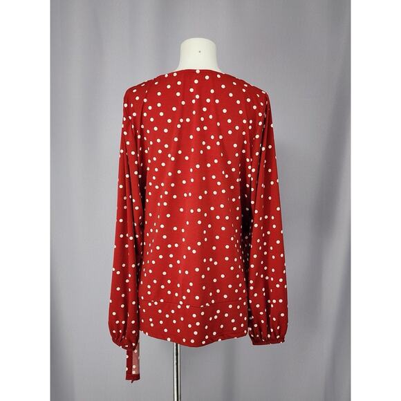 Suzannegrae Shirt Womens Large Red White Polka Dot Wrap Front Tie Side Top - Picture 2 of 15